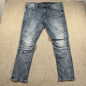 Fbrk Mens 42x32 Blue Moto Denim Jeans Adult Stretch Pleated Knee Biker Pants